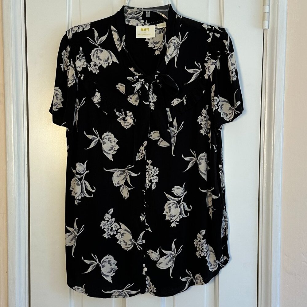 Maeve for Anthropologie Black/Cream/Gray Bow-tie Button front blouse, Size: L